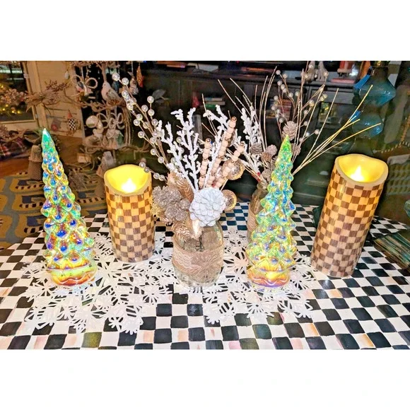 MacKenzie-Childs Courtly Check 8” Flicker Pillar Candle with Remote & Timer